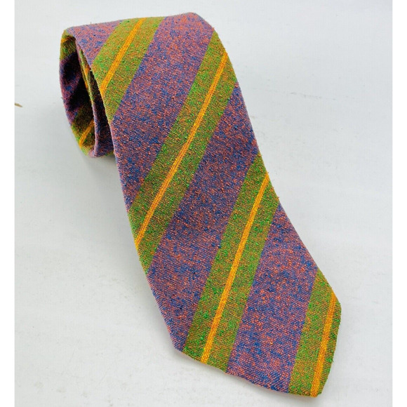 Vintage All Silk Brand 60s/70/ Striped Purple Green Yellow Necktie The Hecht Co - Picture 1 of 5